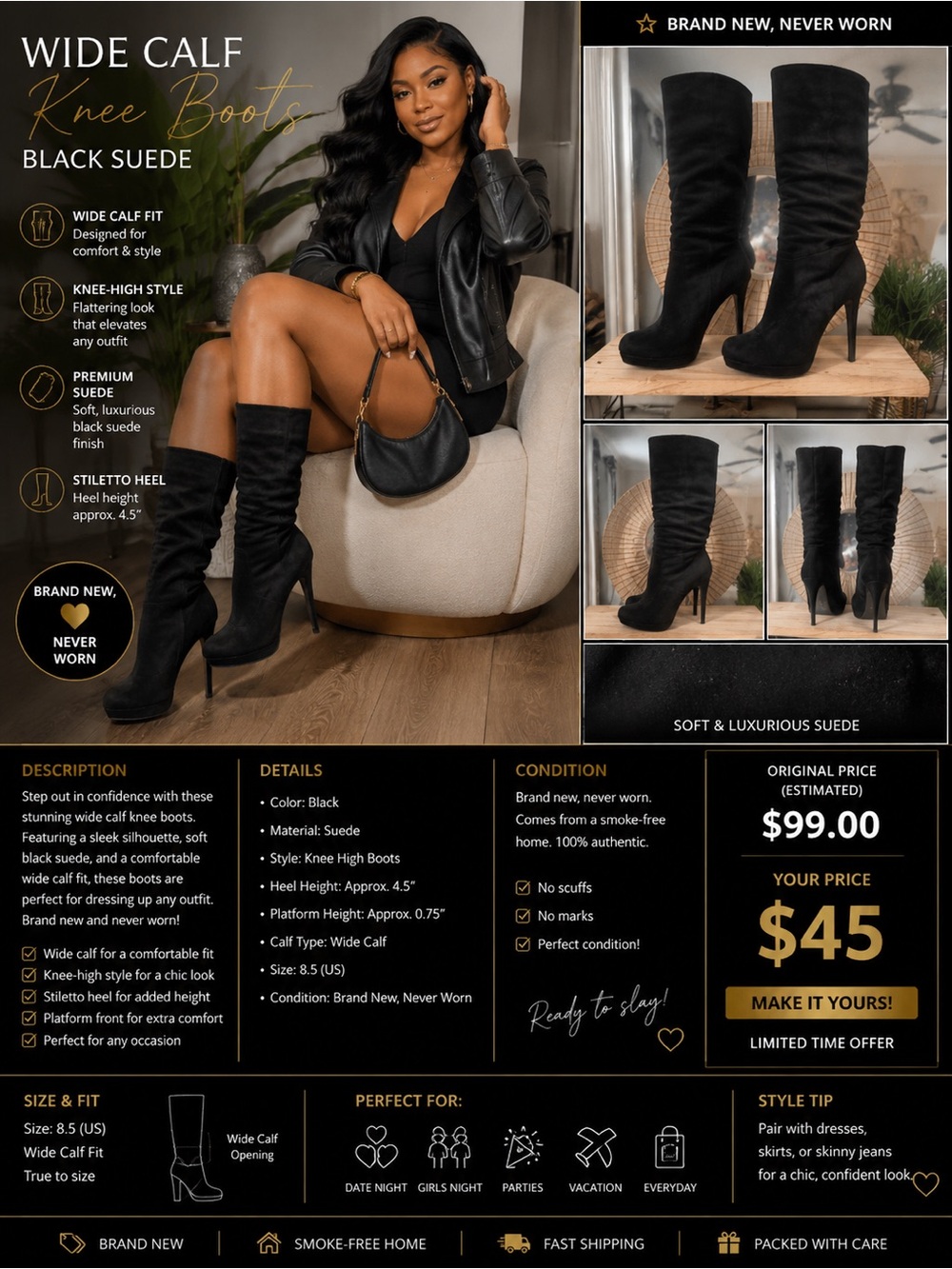 Black Suede Wide Calf Knee Boots -